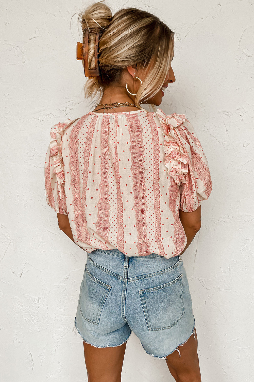 PRE-ORDER: Short Puff Sleeve Mixed Print Blouse