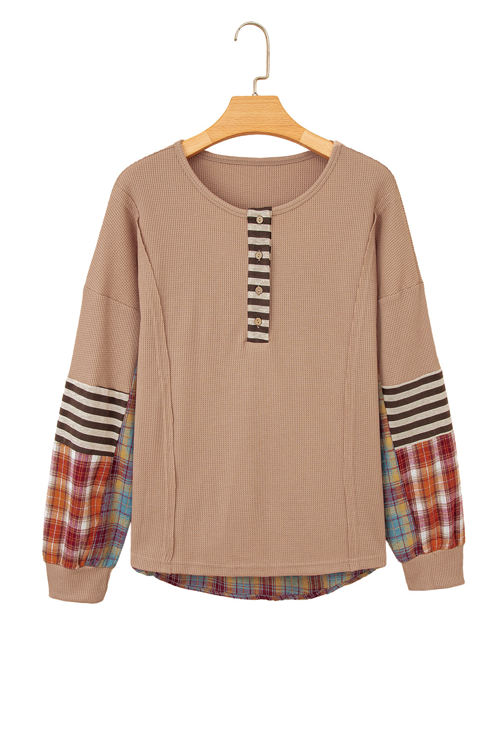 Straw Yellow Waffle Stripe Plaid Patchwork Henley Top