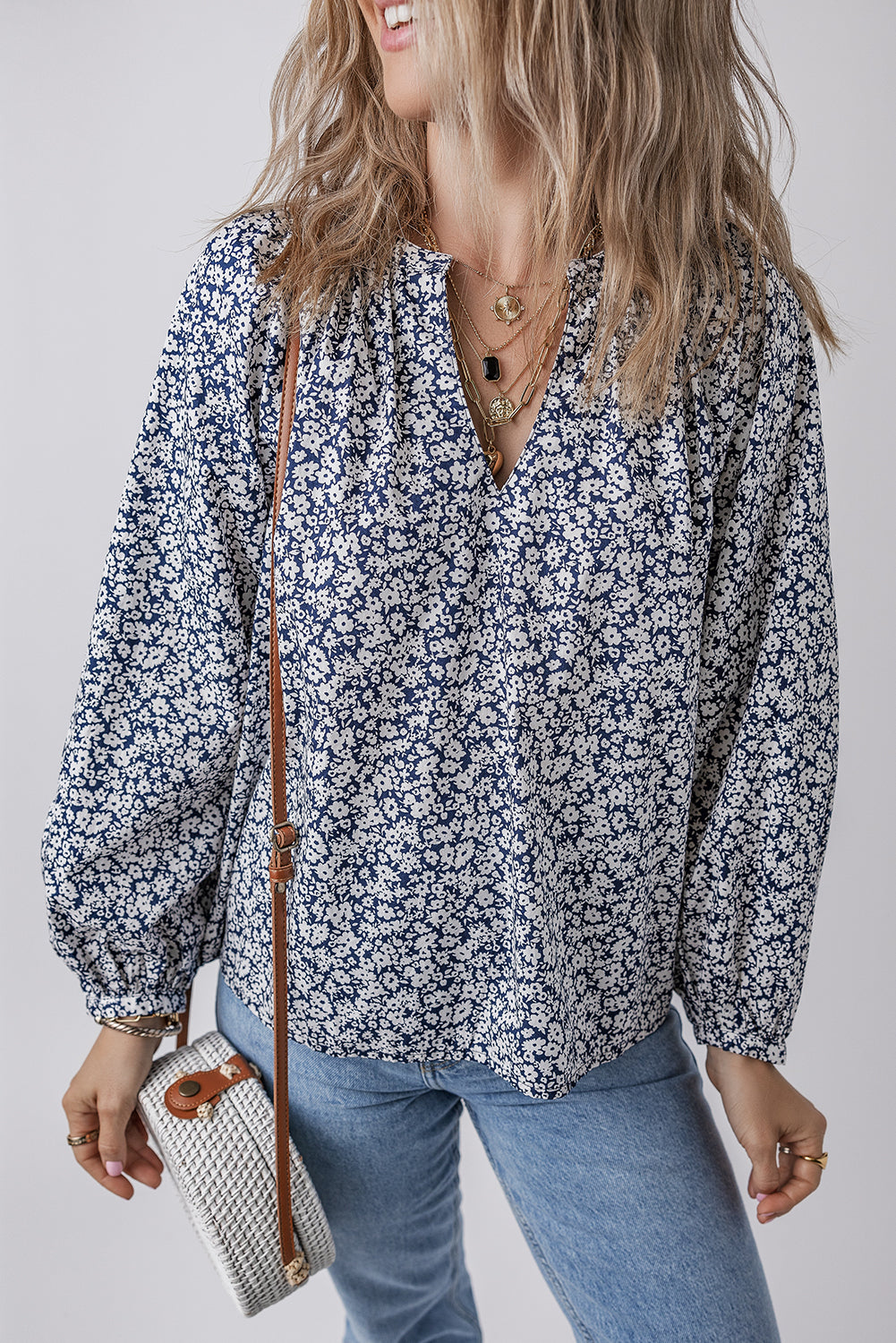 Blue Floral Print V Neck Puff Sleeve Blouse