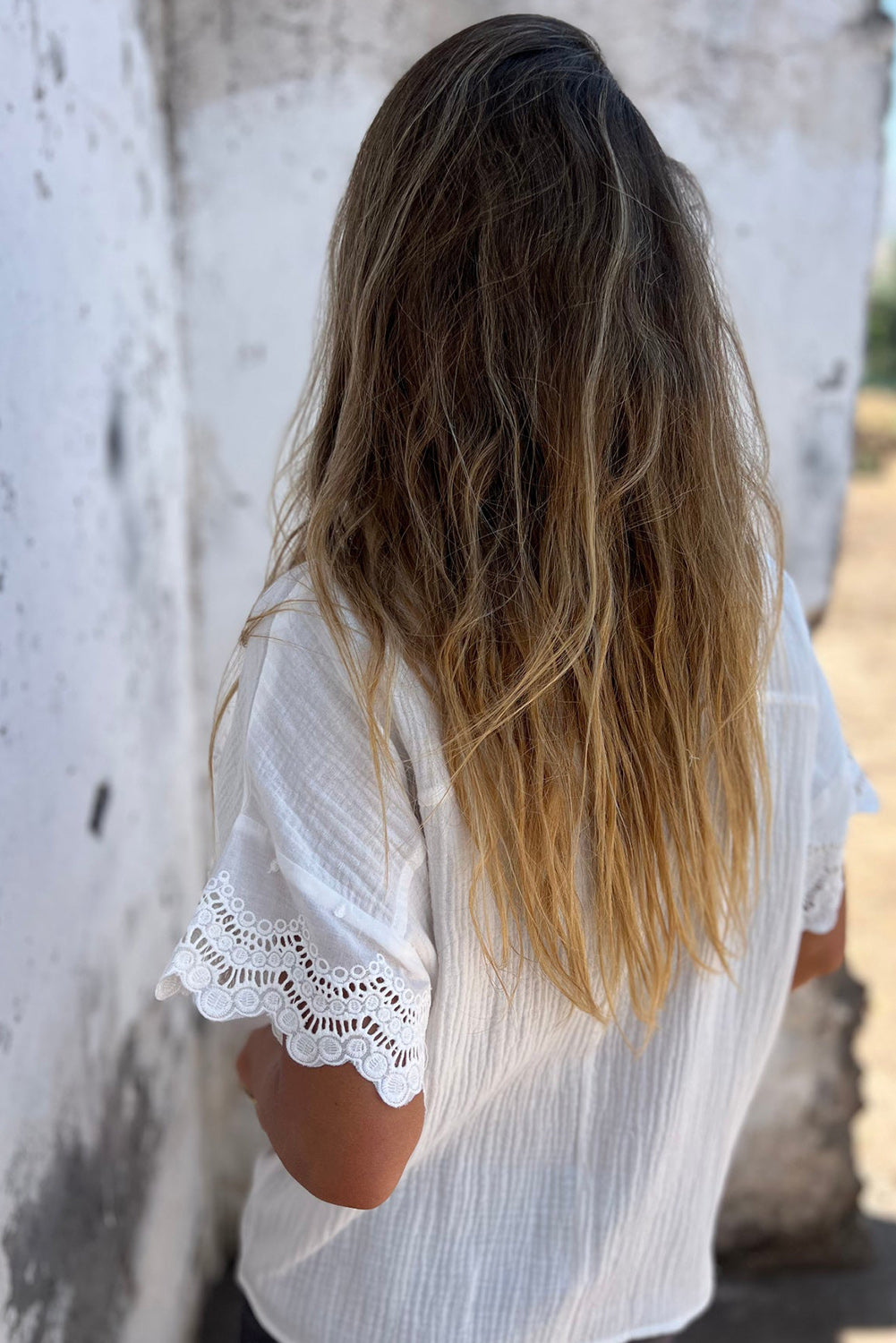 PRE-ORDER: Crinkled Lace Sleeve Collared V Neck Blouse