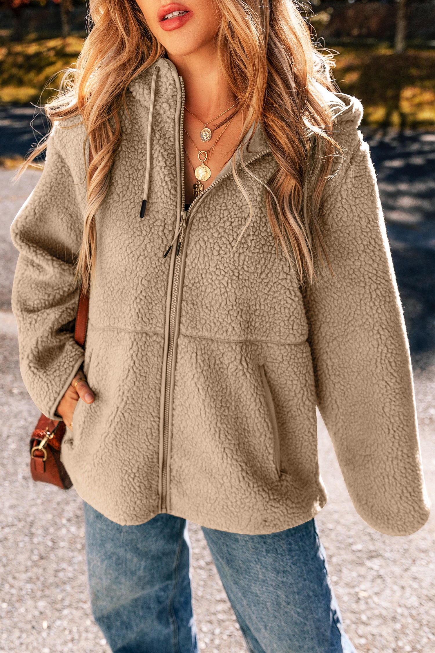 Fleece Zip Up Drawstring Hooded Jacket