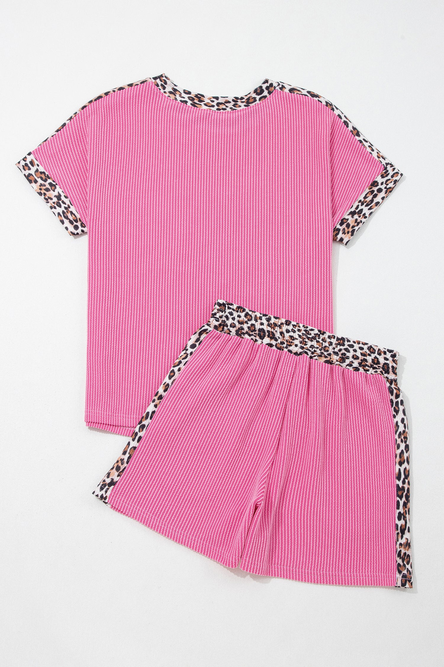 Light Grey Leopard Trim Twist Ribbed Short Set