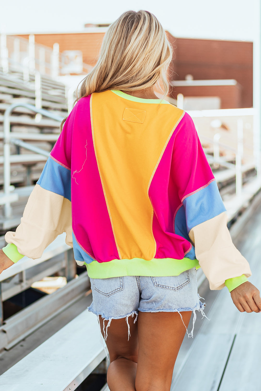 Colorblock Patchwork Exposed Stitching Oversized Top