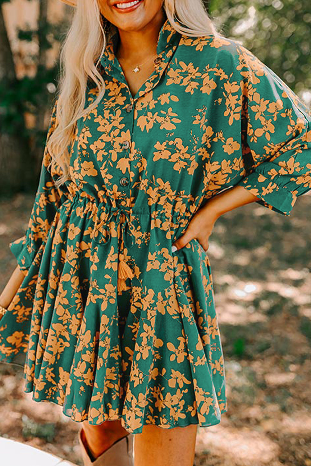 Floral Print Drawstring Tunic Dress