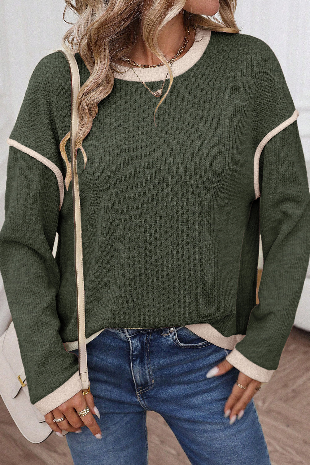 Contrast Color Trim Knit Drop Shoulder Loose Top