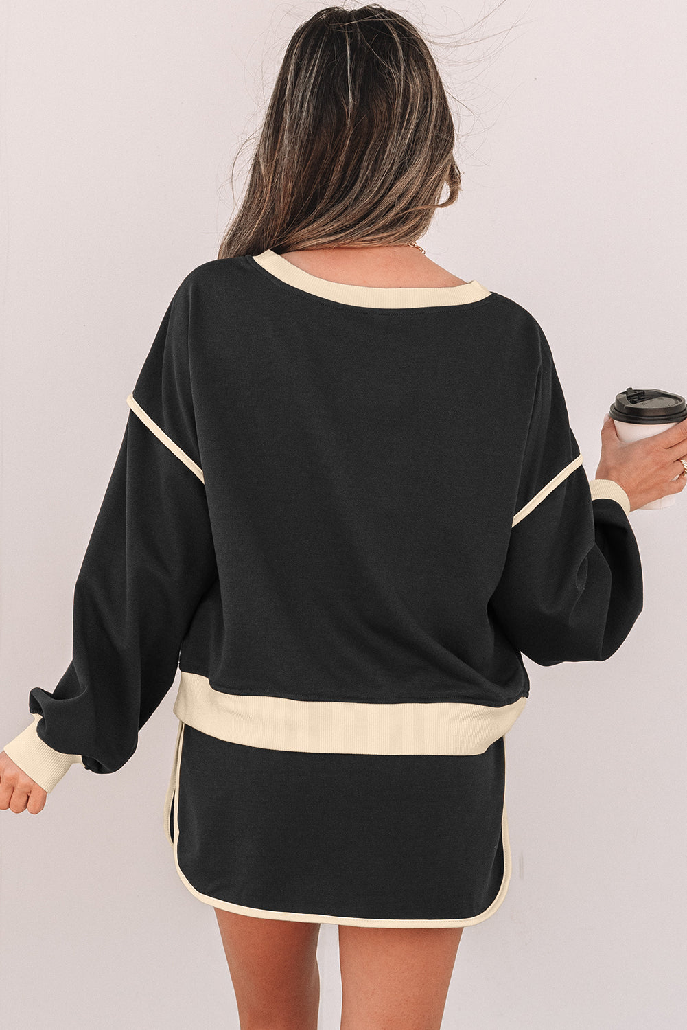 Contrast Pullover and Lace-up Waist Skort Set
