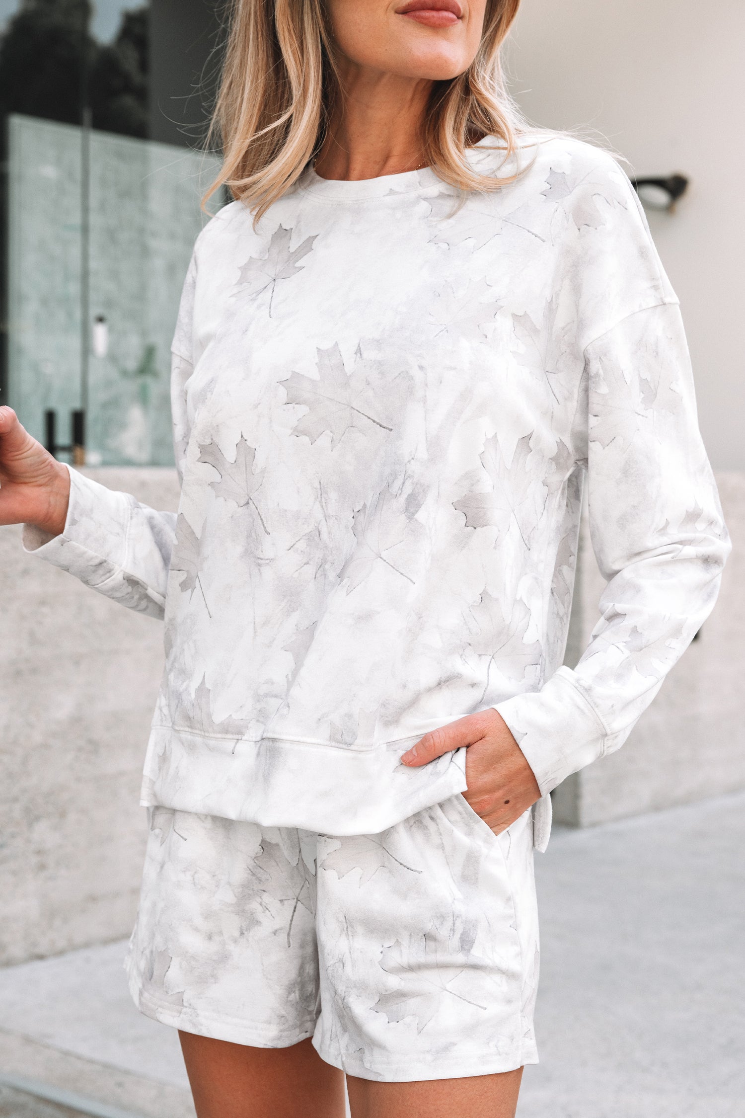 Beige Maple Camo Top and Elastic Waist Short Set