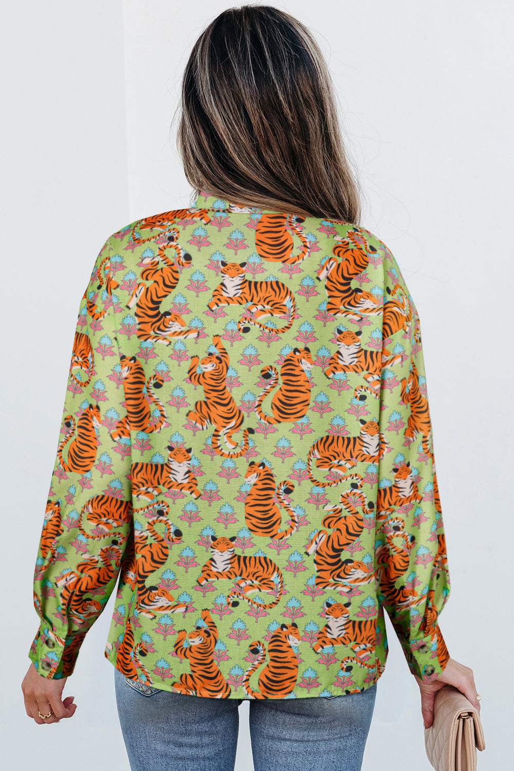 Green Tiger Floral Printed Collared V Neck Blouse