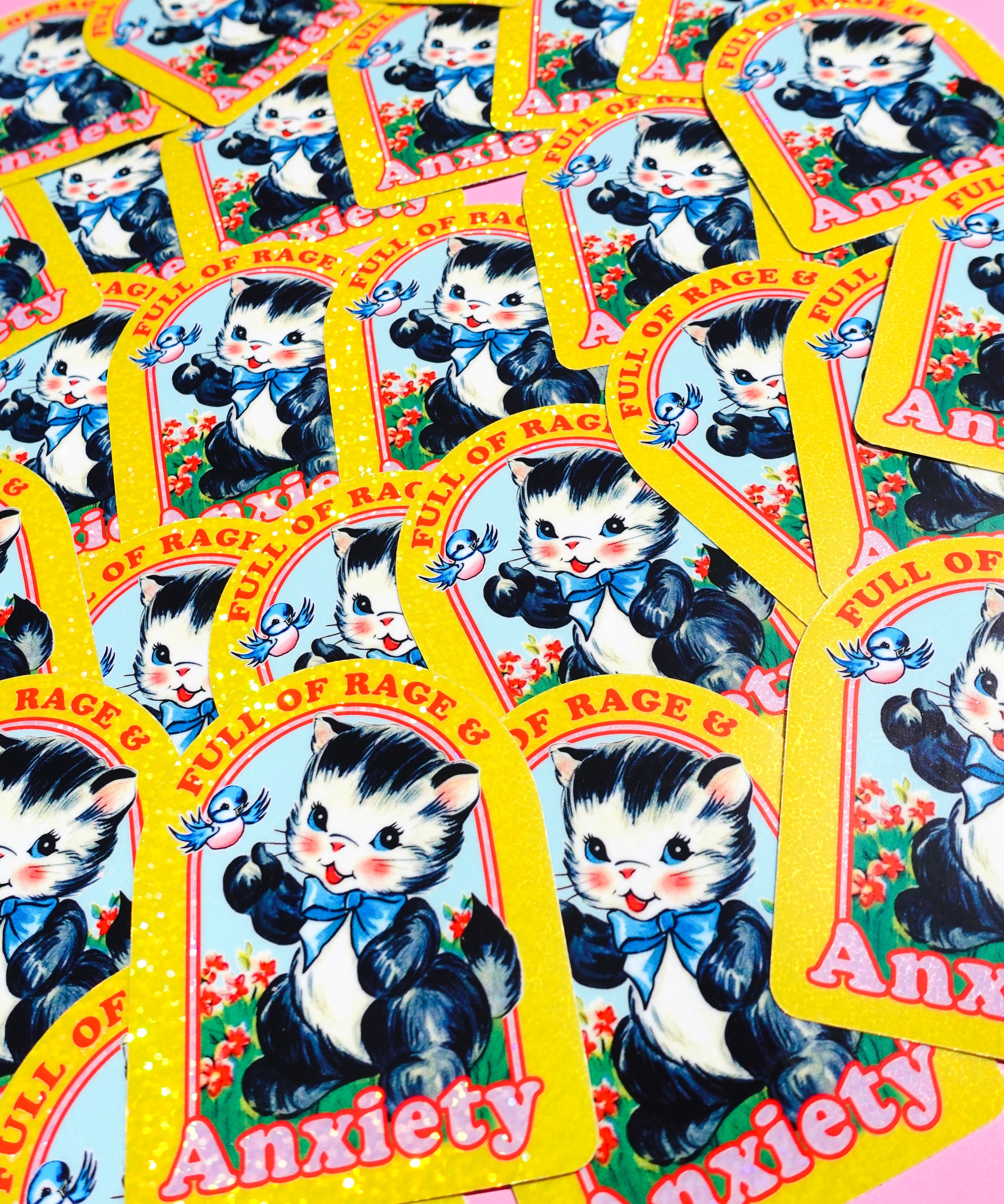 Full of Rage & Anxiety – Retro Cat Glitter Vinyl Sticker