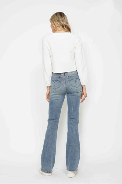 Curvy - Tummy Control Back Embroidered Pocketed Bootcut Jeans