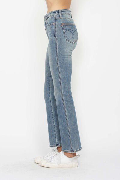 Curvy - Tummy Control Back Embroidered Pocketed Bootcut Jeans