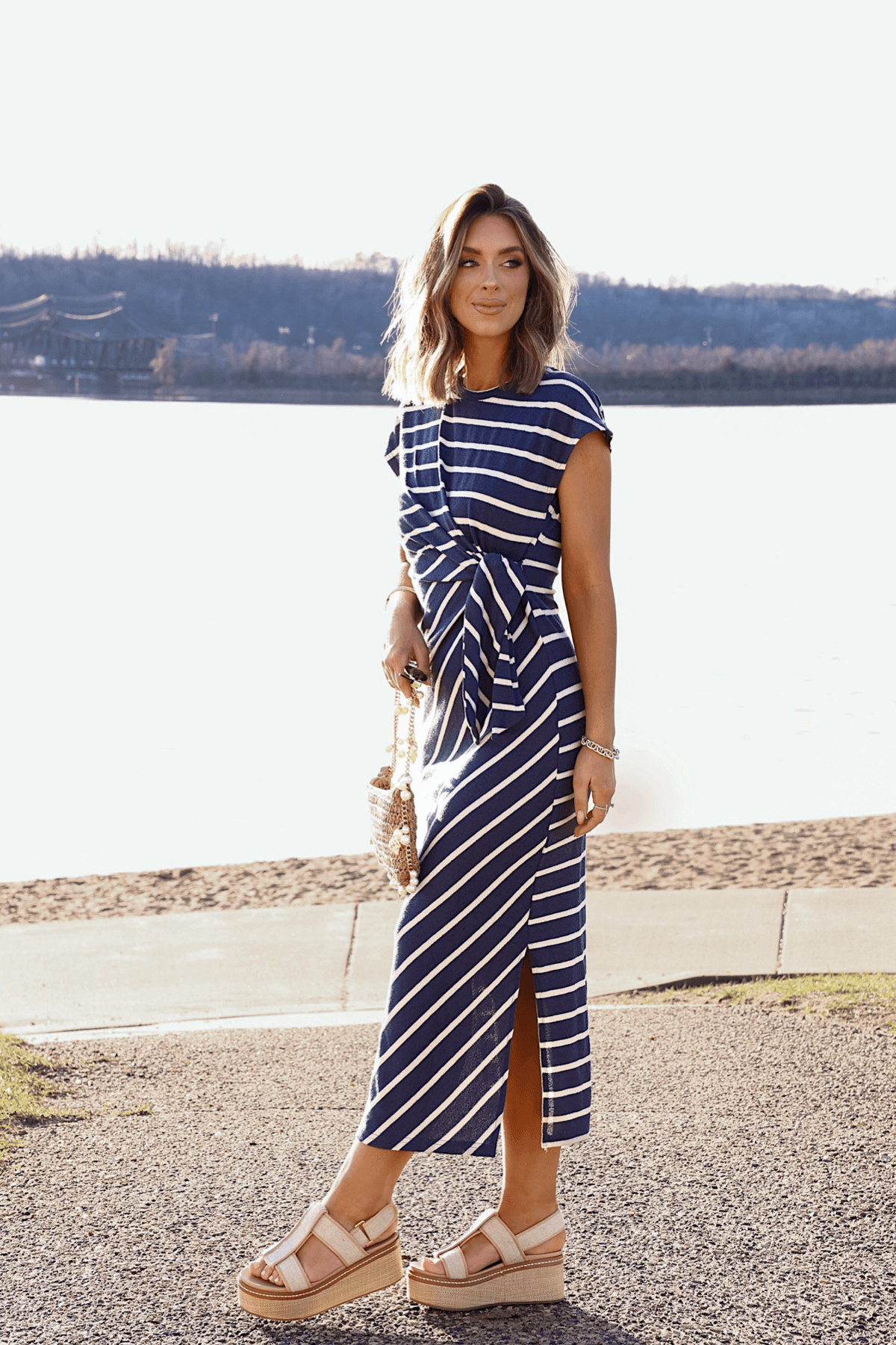 Marina Mornings Navy Striped Midi Tie Dress - FINAL SALE