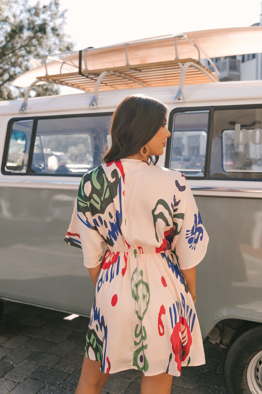 Natural Print V Neck Mini Dress - FINAL SALE