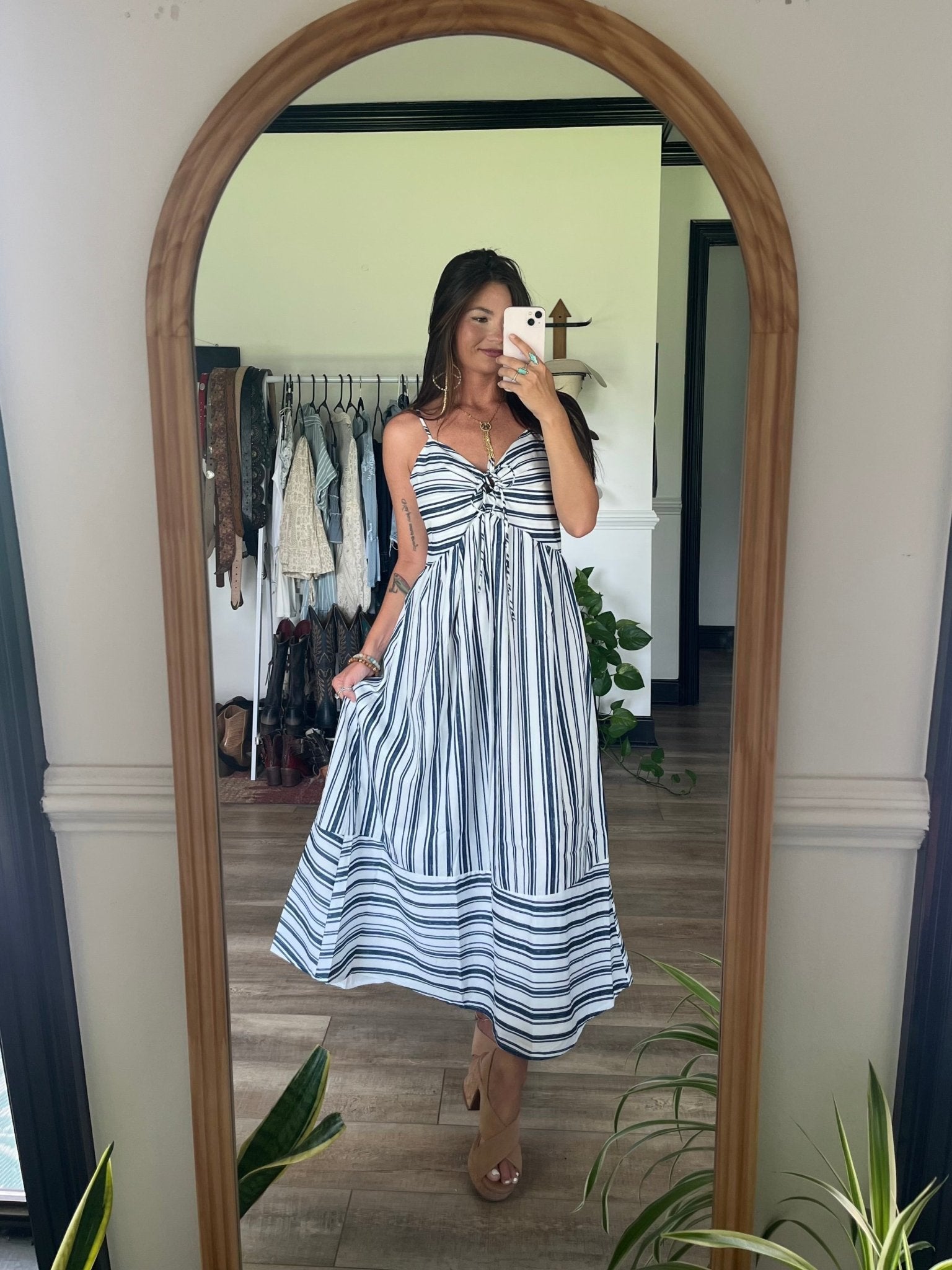 Navy and White Striped Tie Front Midi Dress