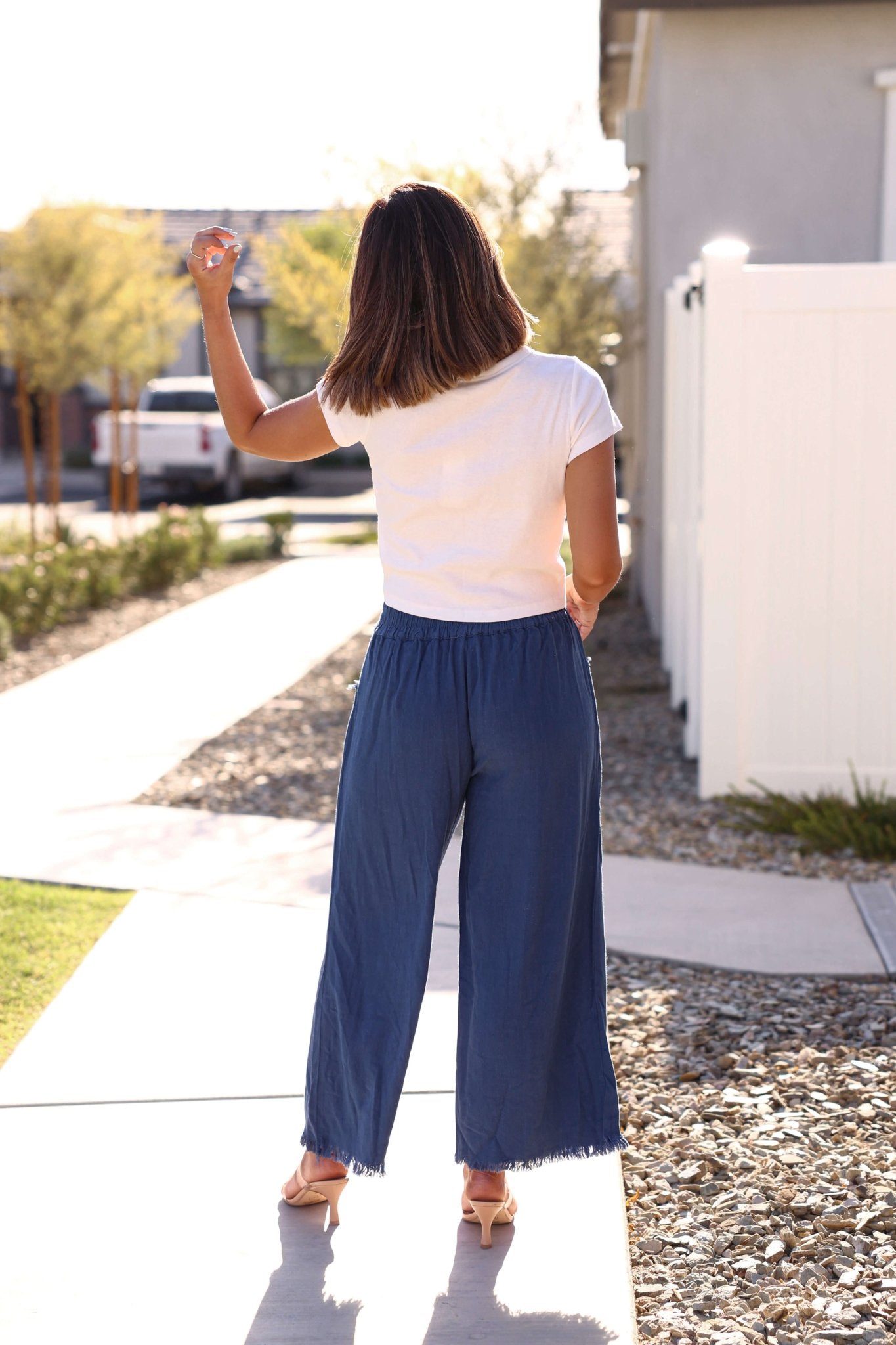 Slate Blue Frayed Linen Wide Leg Pants