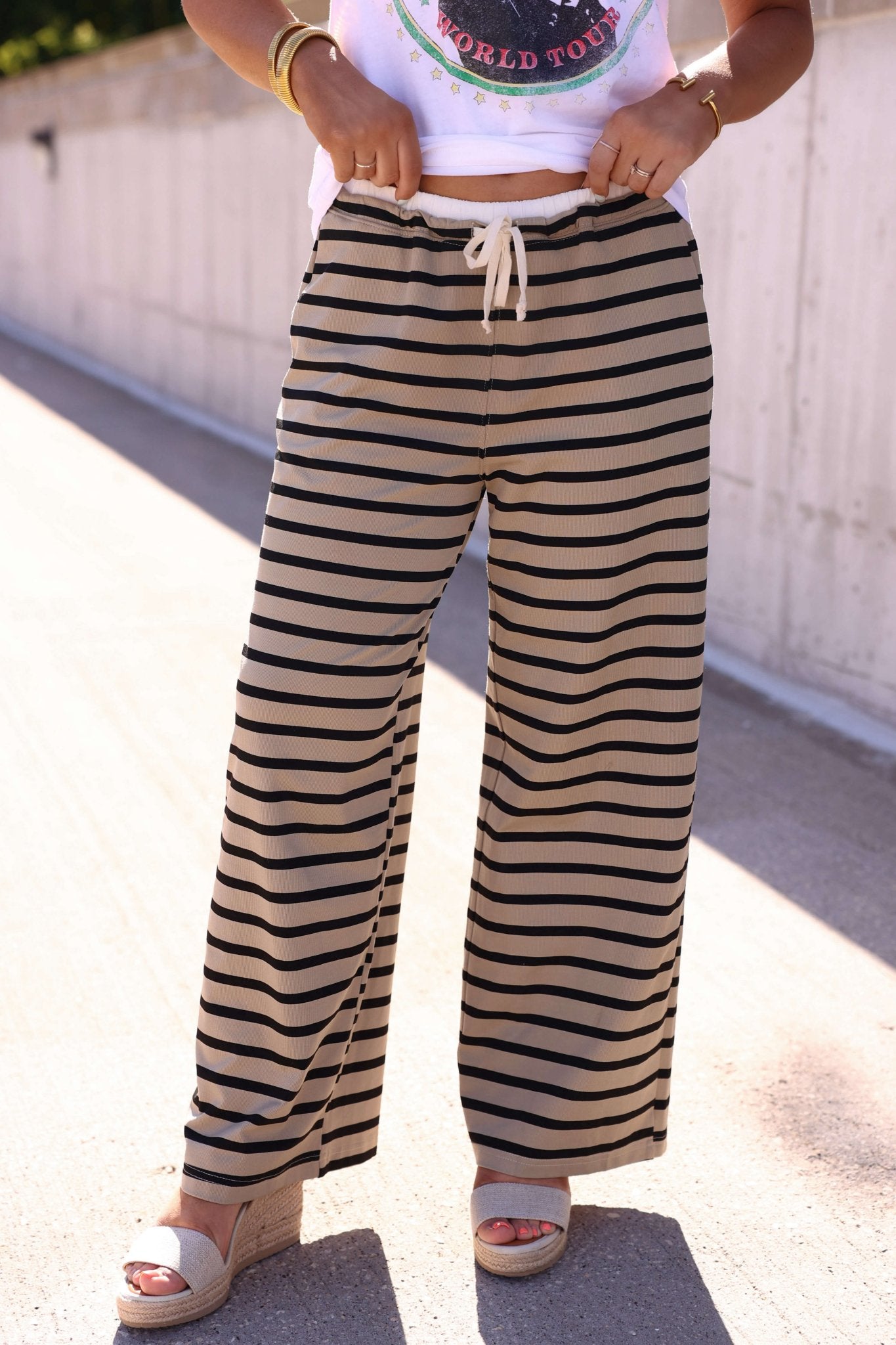 Taupe and Black Striped Drawstring Pants