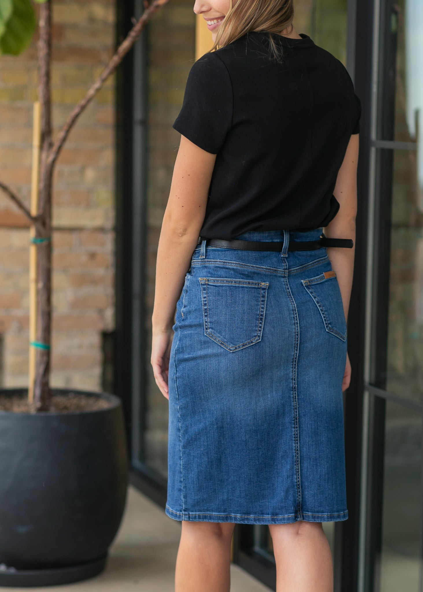 Zana Front Button Denim Midi Skirt