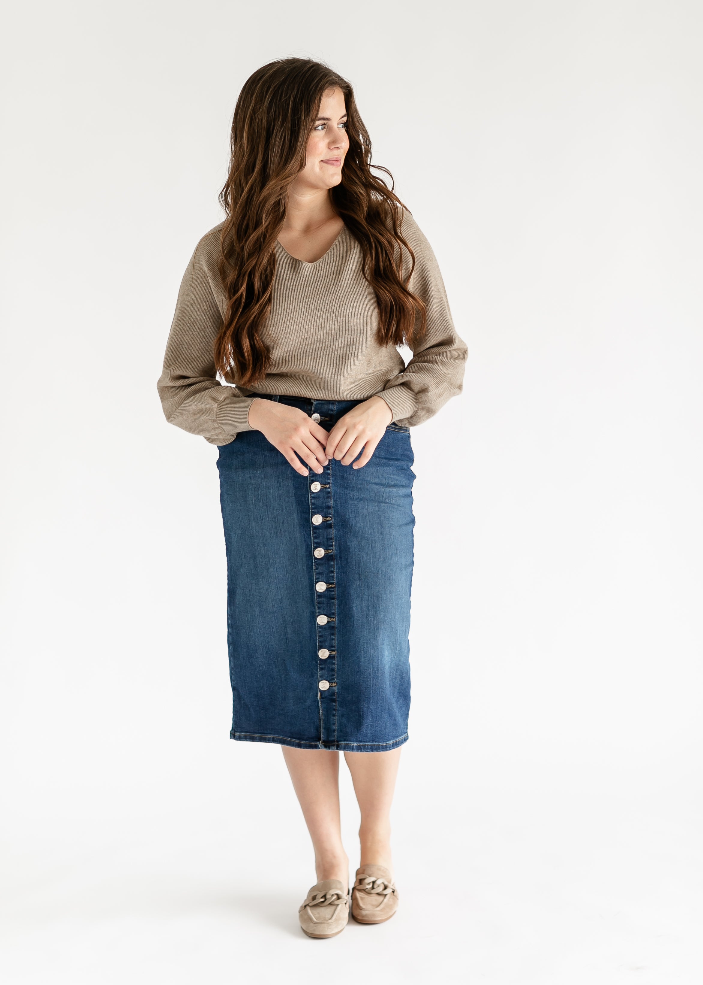 Zana Front Button Denim Midi Skirt