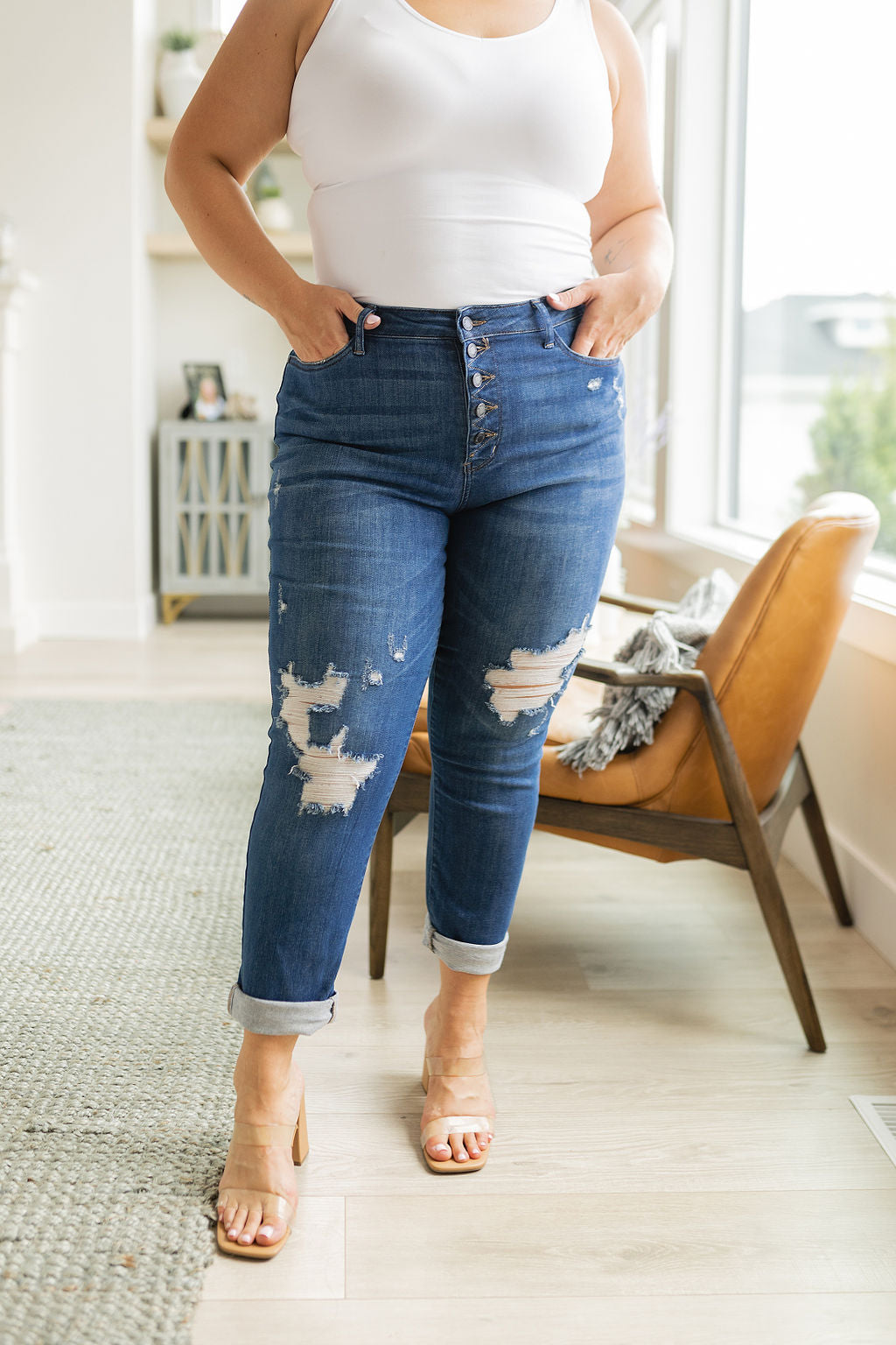 High Rise Button Fly Distressed Boyfriend Jeans