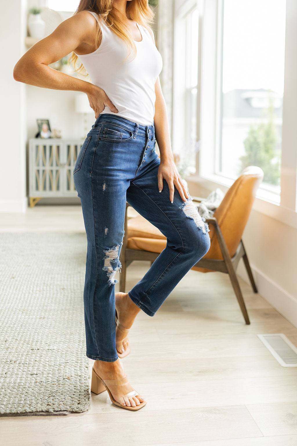 High Rise Button Fly Distressed Boyfriend Jeans