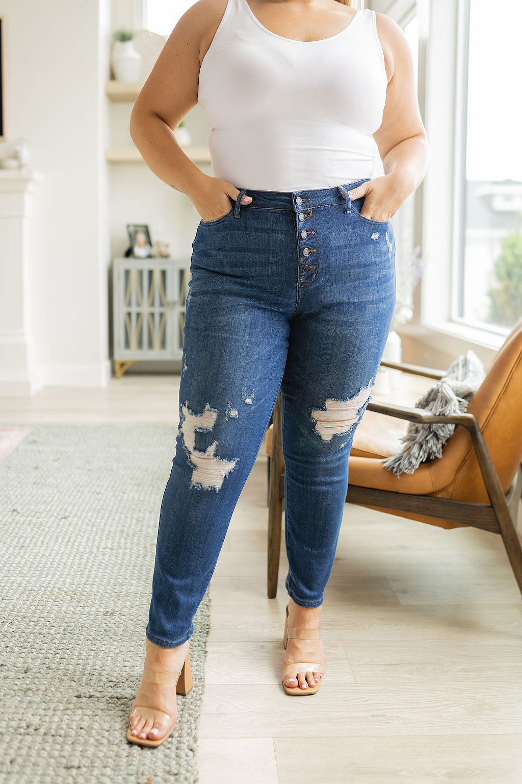 High Rise Button Fly Distressed Boyfriend Jeans