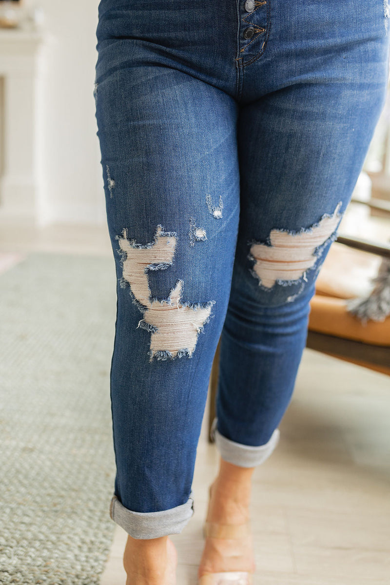 High Rise Button Fly Distressed Boyfriend Jeans
