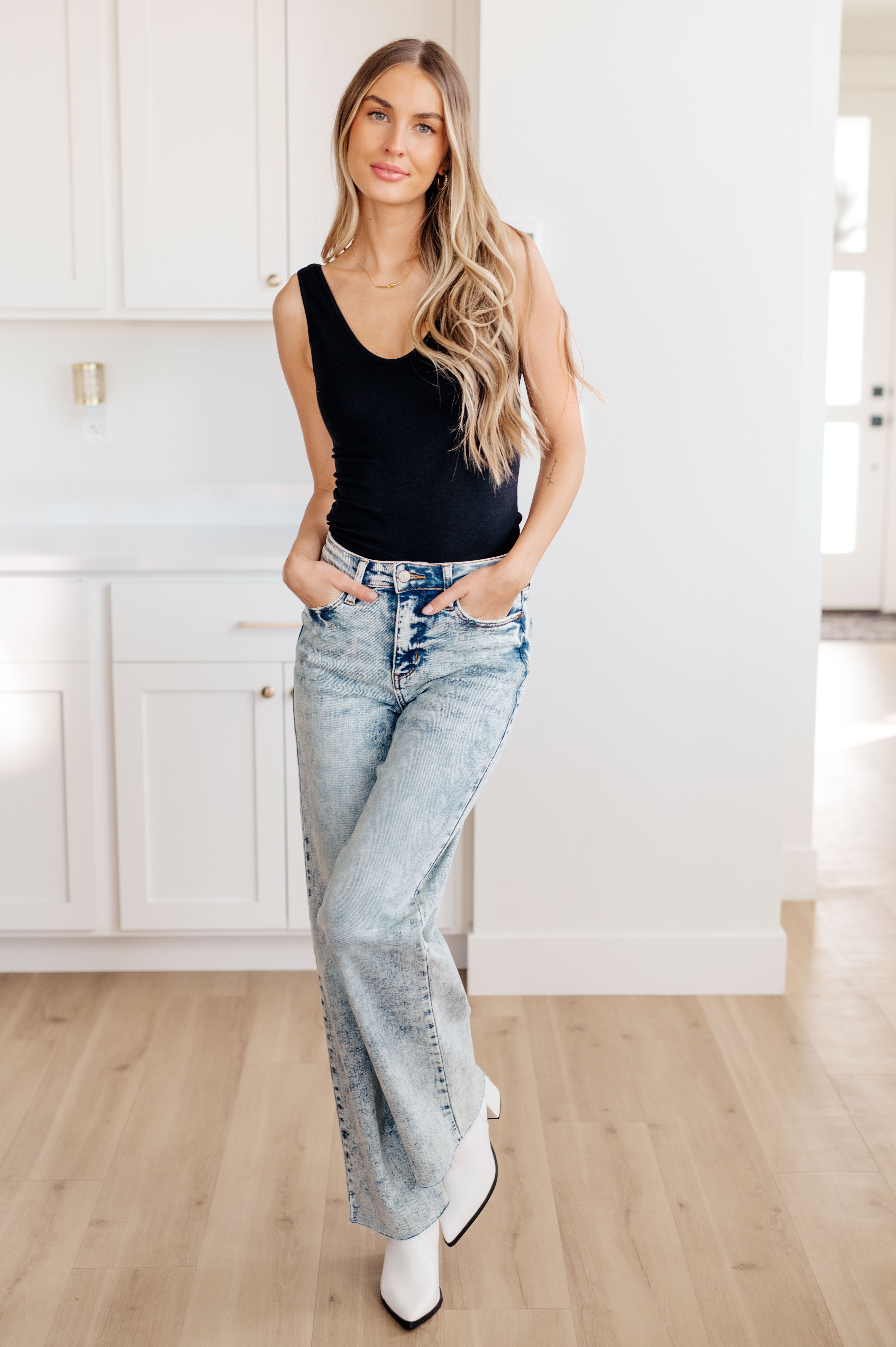 High Waist Mineral Wash Raw Hem Wide Leg Jeans