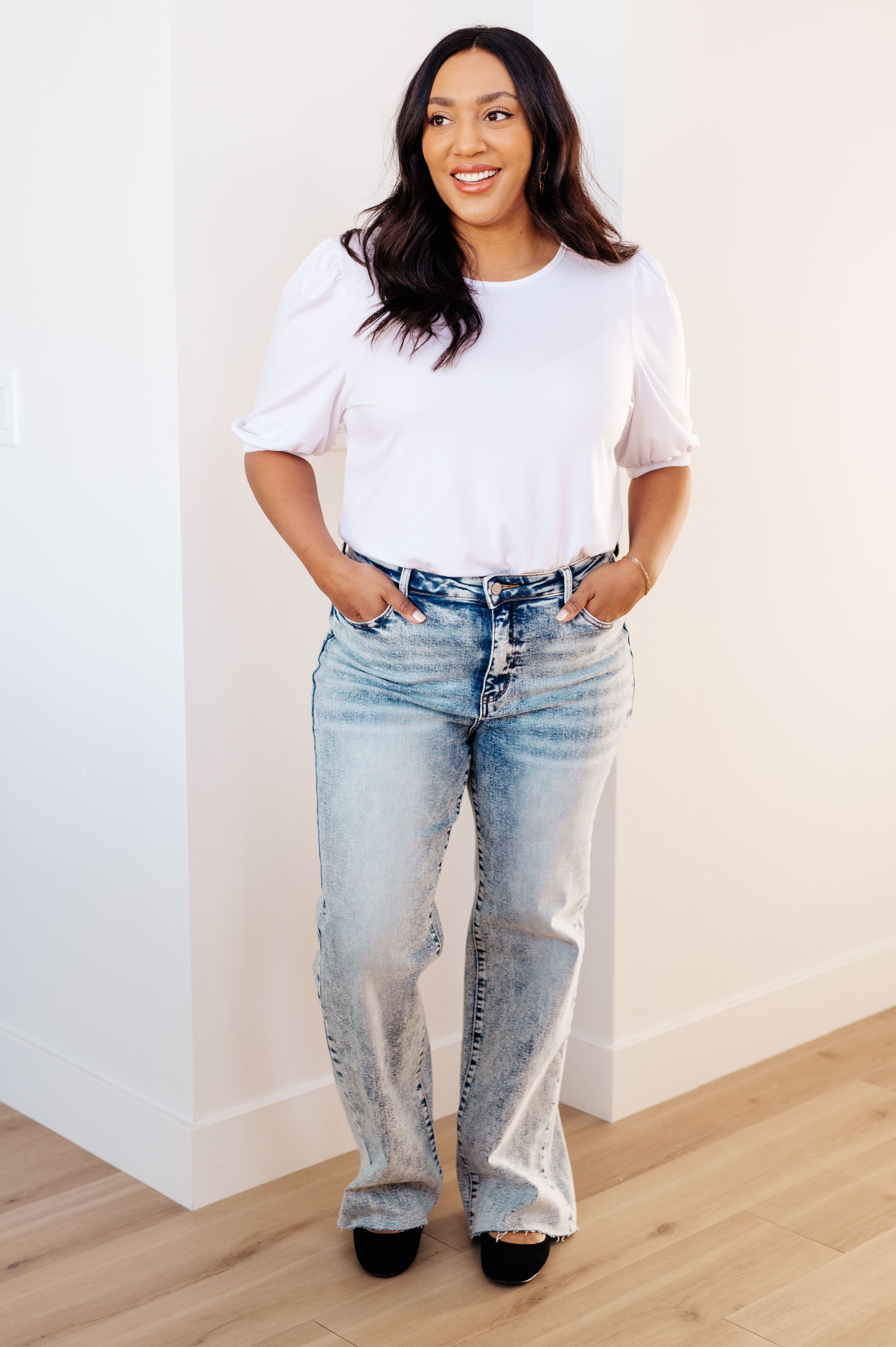 High Waist Mineral Wash Raw Hem Wide Leg Jeans