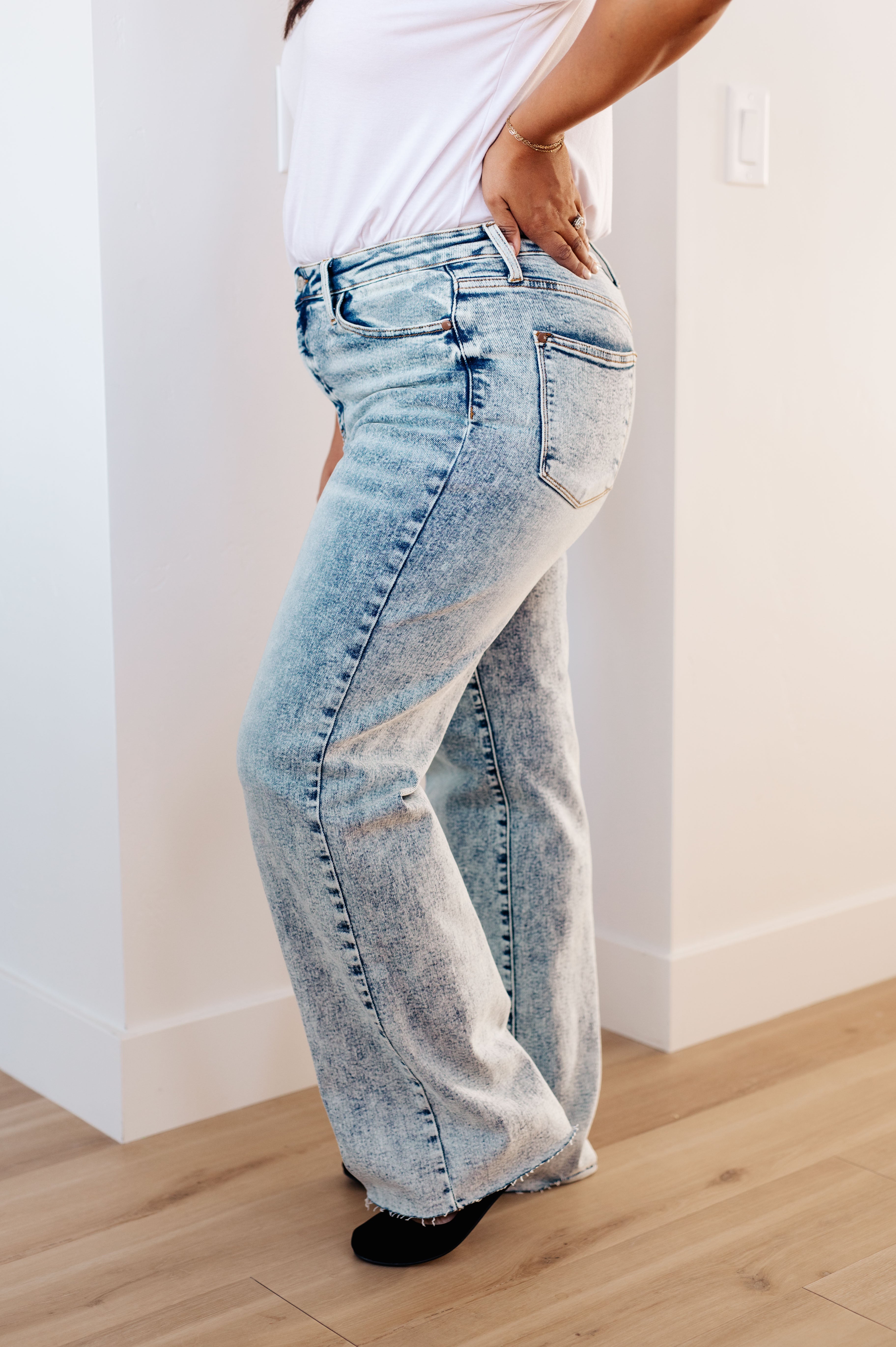 High Waist Mineral Wash Raw Hem Wide Leg Jeans