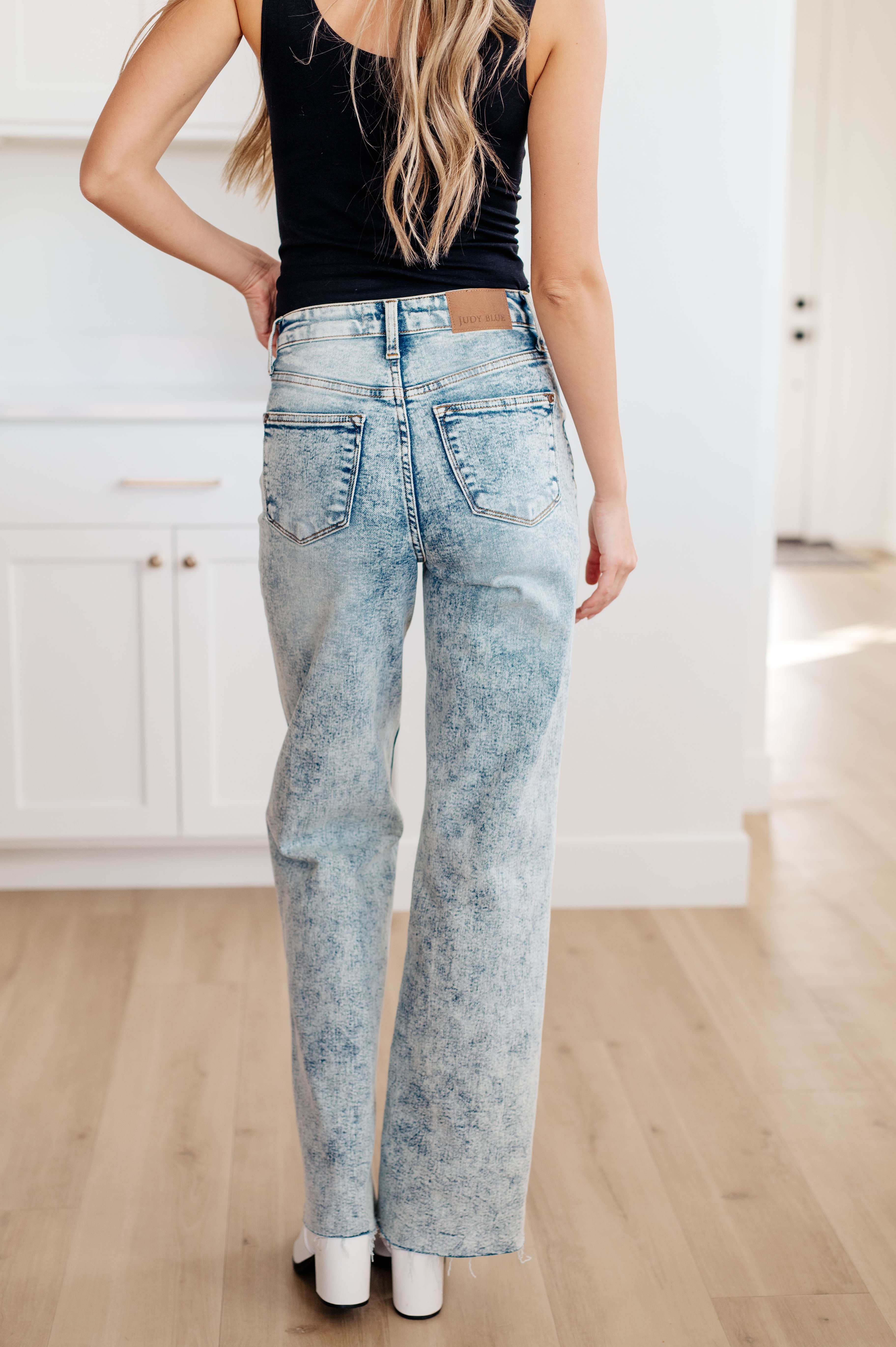High Waist Mineral Wash Raw Hem Wide Leg Jeans