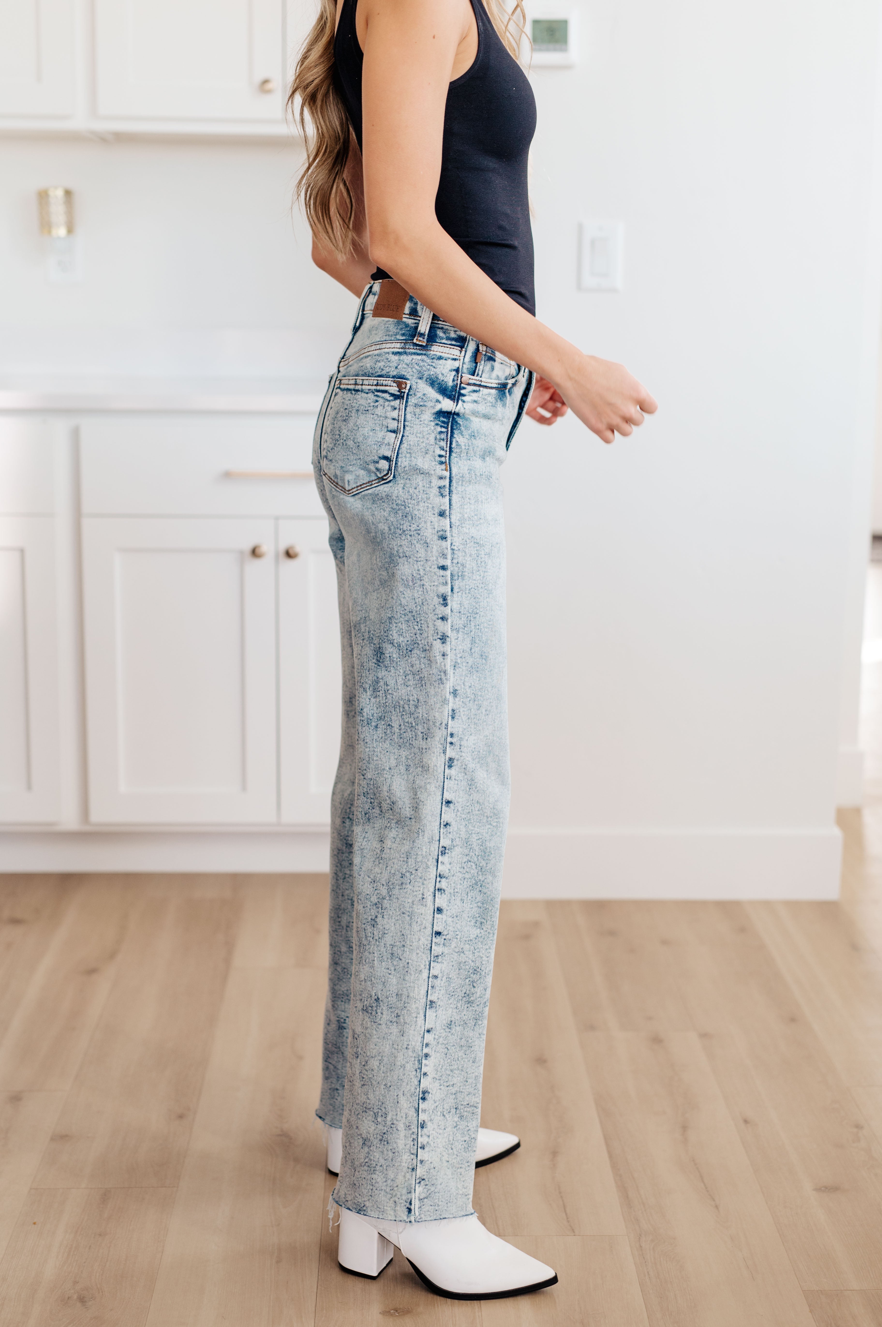 High Waist Mineral Wash Raw Hem Wide Leg Jeans
