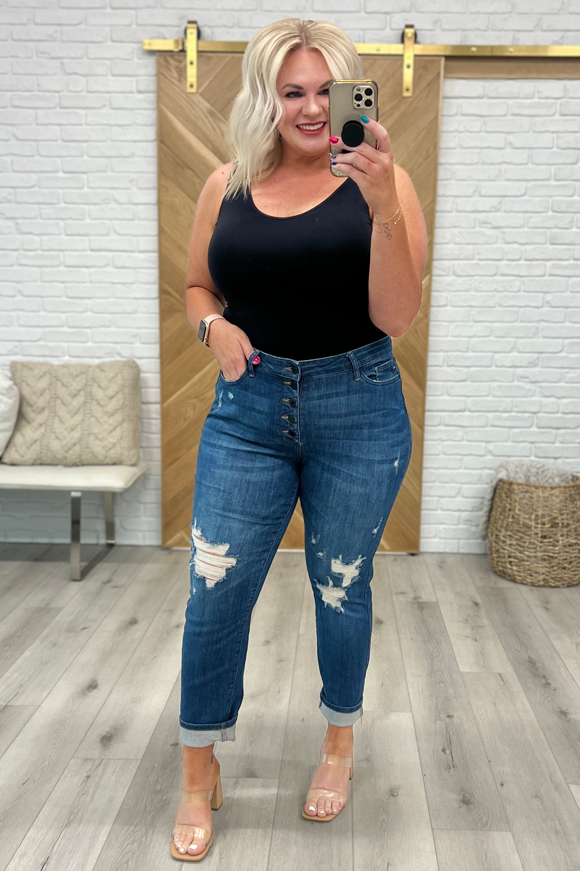 High Rise Button Fly Distressed Boyfriend Jeans