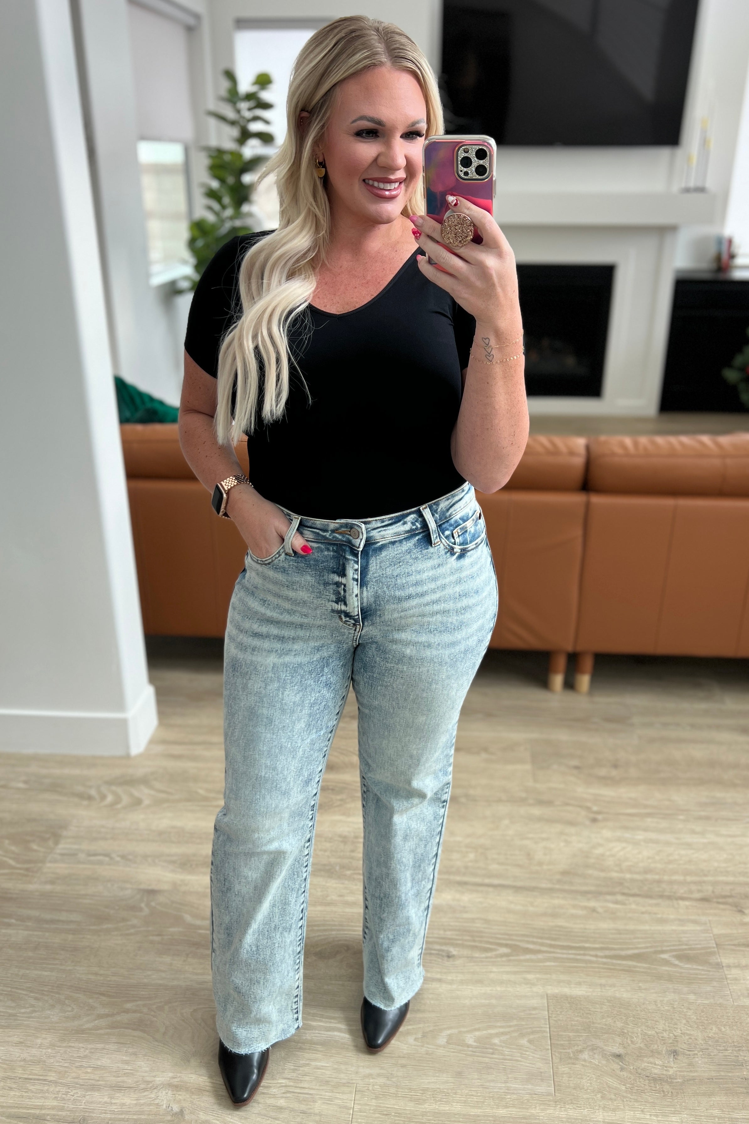 High Waist Mineral Wash Raw Hem Wide Leg Jeans