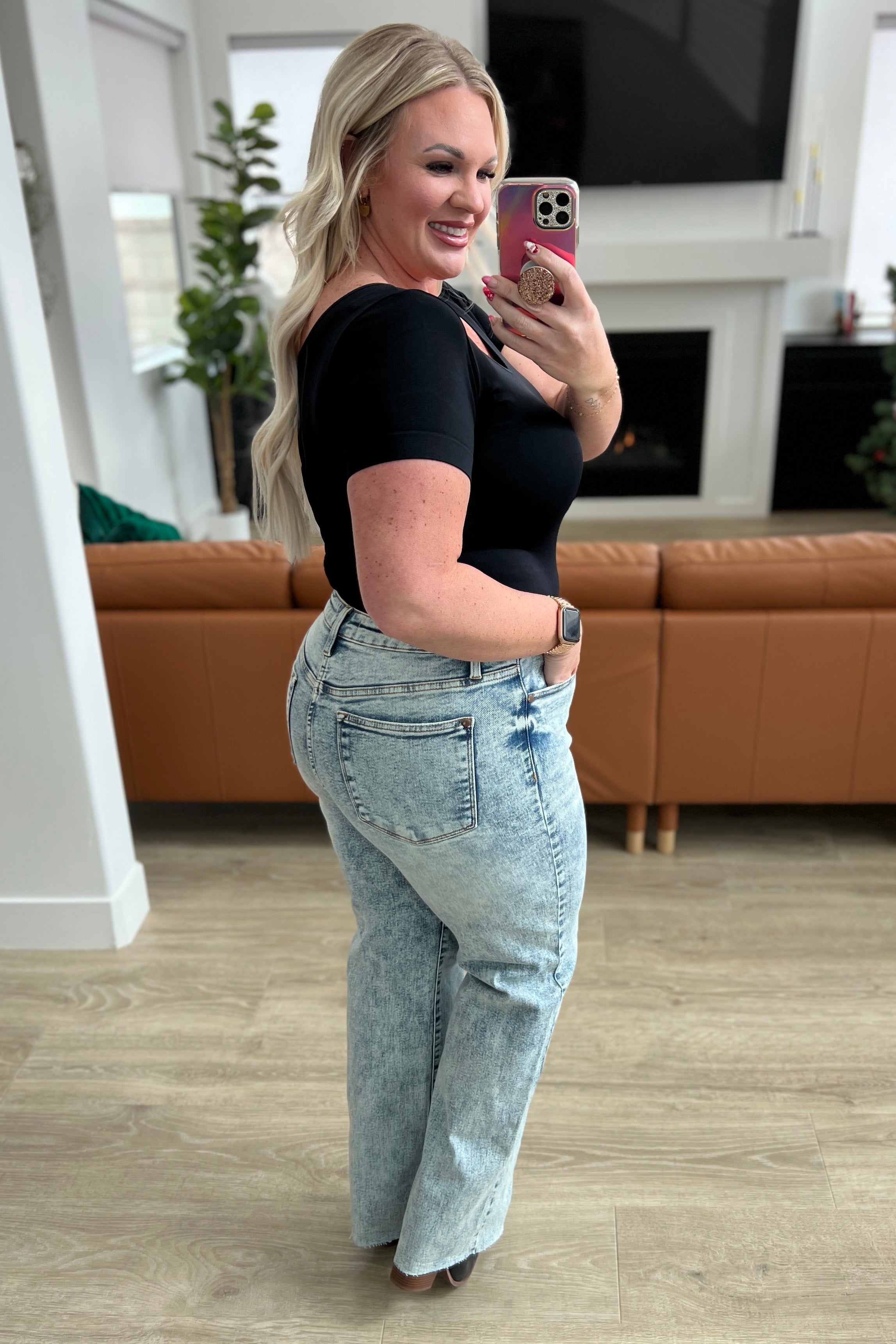 High Waist Mineral Wash Raw Hem Wide Leg Jeans