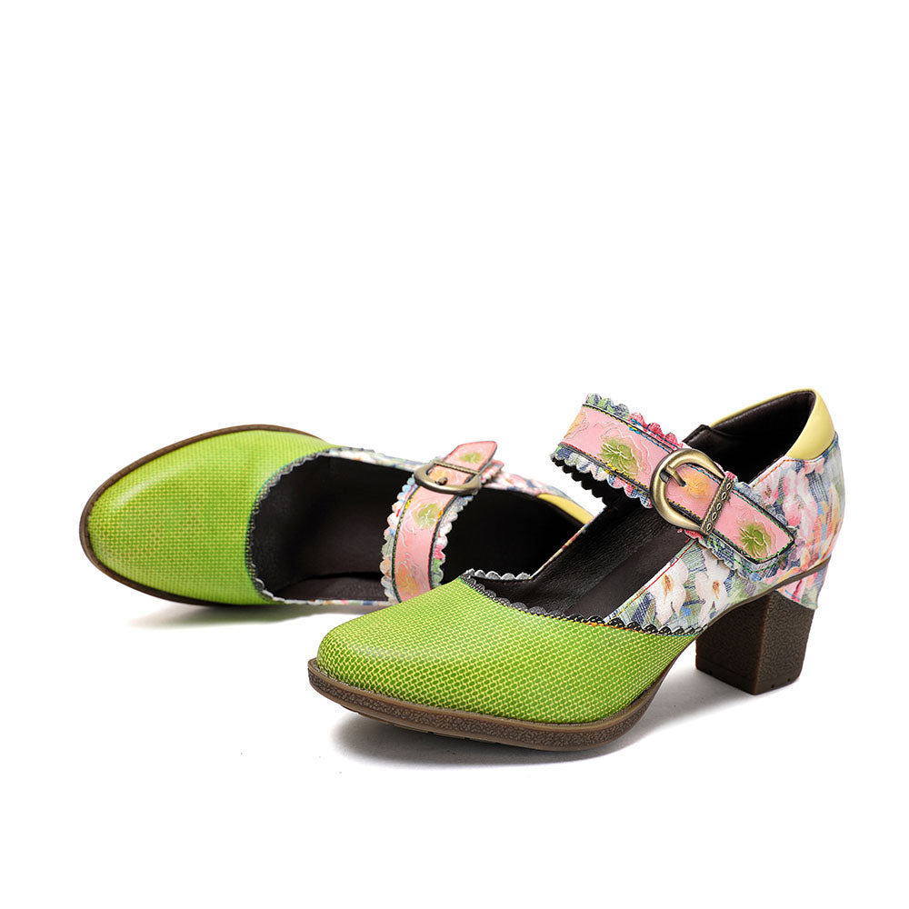 Round Toe Elegant Cowhide Loafer Green Pumps