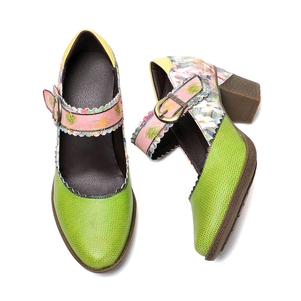 Round Toe Elegant Cowhide Loafer Green Pumps