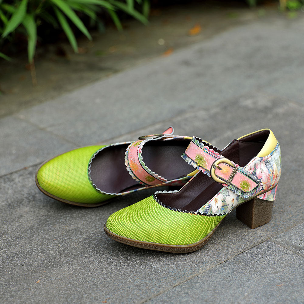 Round Toe Elegant Cowhide Loafer Green Pumps