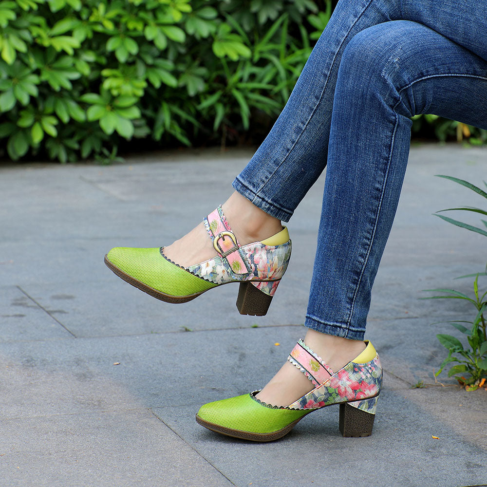 Round Toe Elegant Cowhide Loafer Green Pumps
