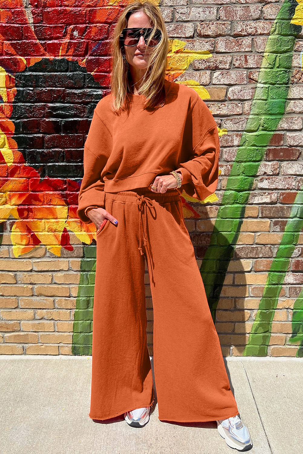 Drop Shoulder Crop Pullover Drawstring Wide Leg Pants Set