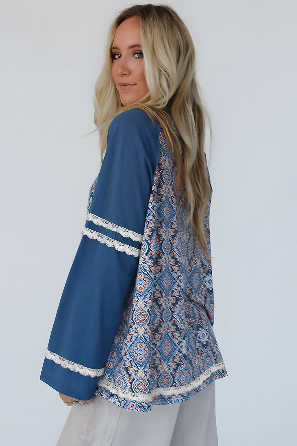 PRE-ORDER: Blue Boho Geometric Print Lace Raglan