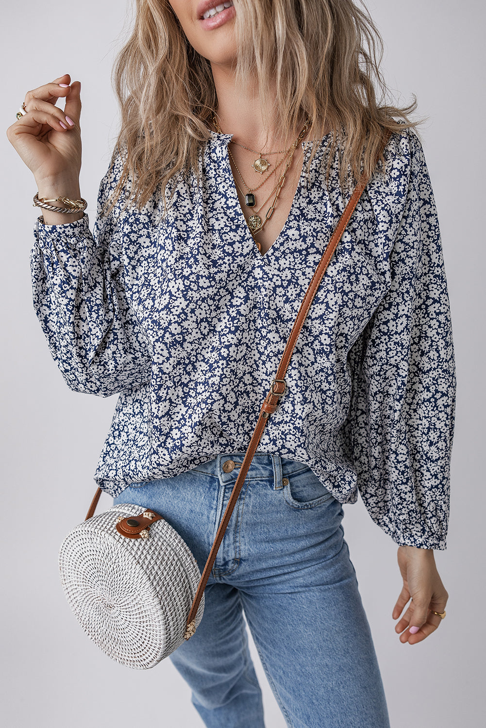 Blue Floral Print V Neck Puff Sleeve Blouse