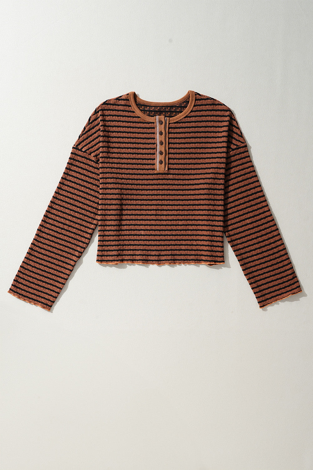 Striped Textured Frilly Trim Henley Long Sleeve Top