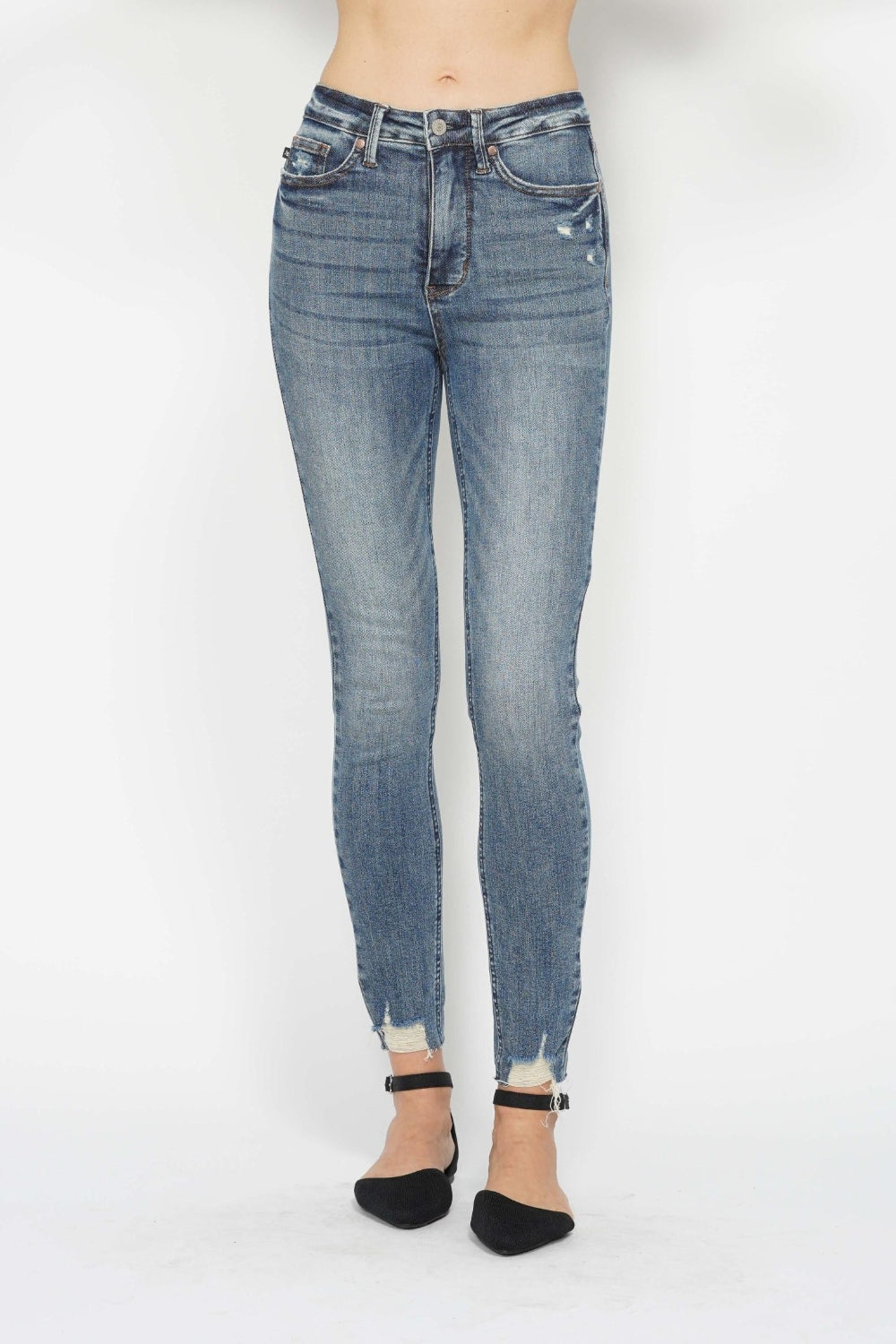 Tummy Control Vintage Wash Hem Destroy Skinny Jeans