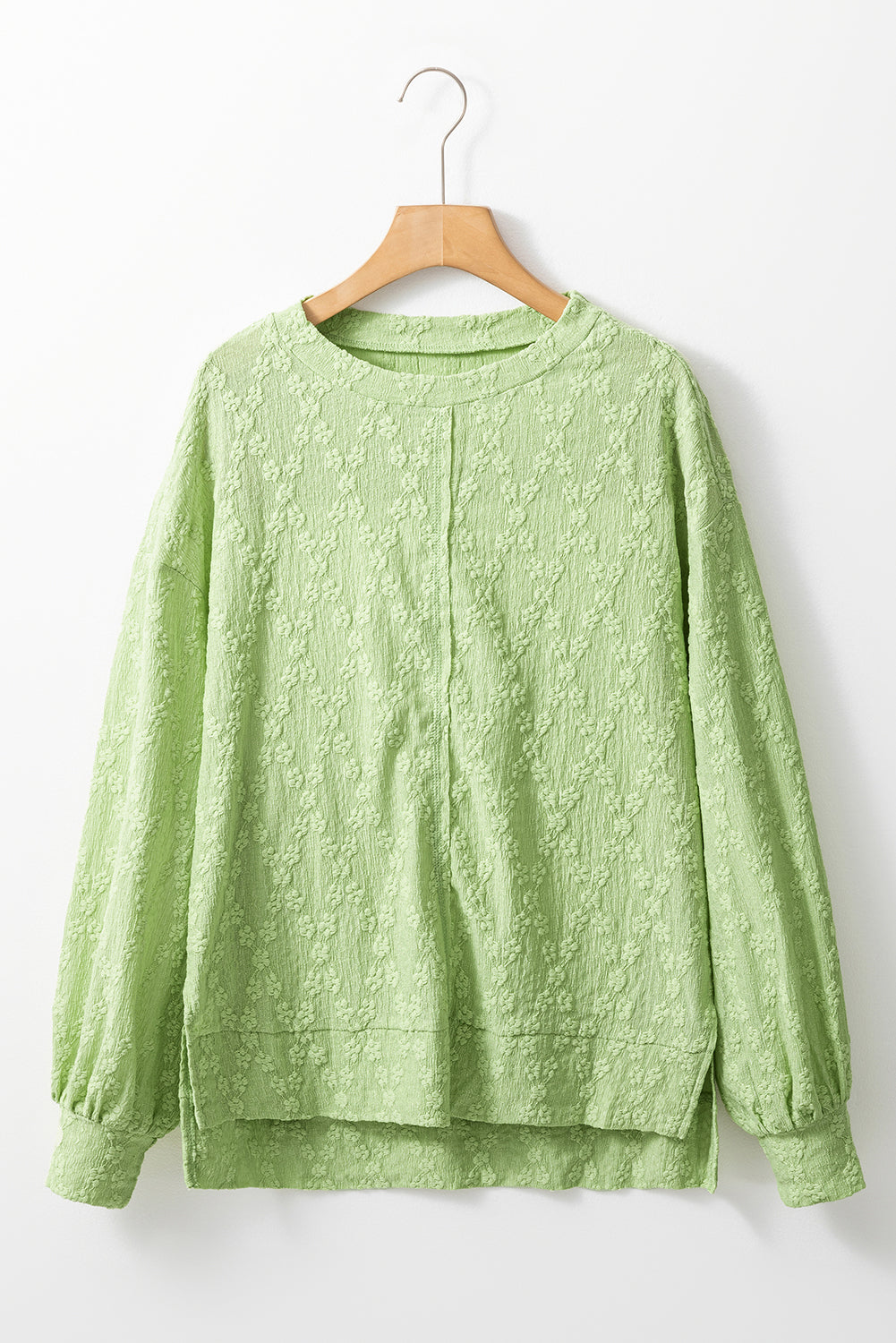 Light Green Textured Side Split Crew Neck Blouse
