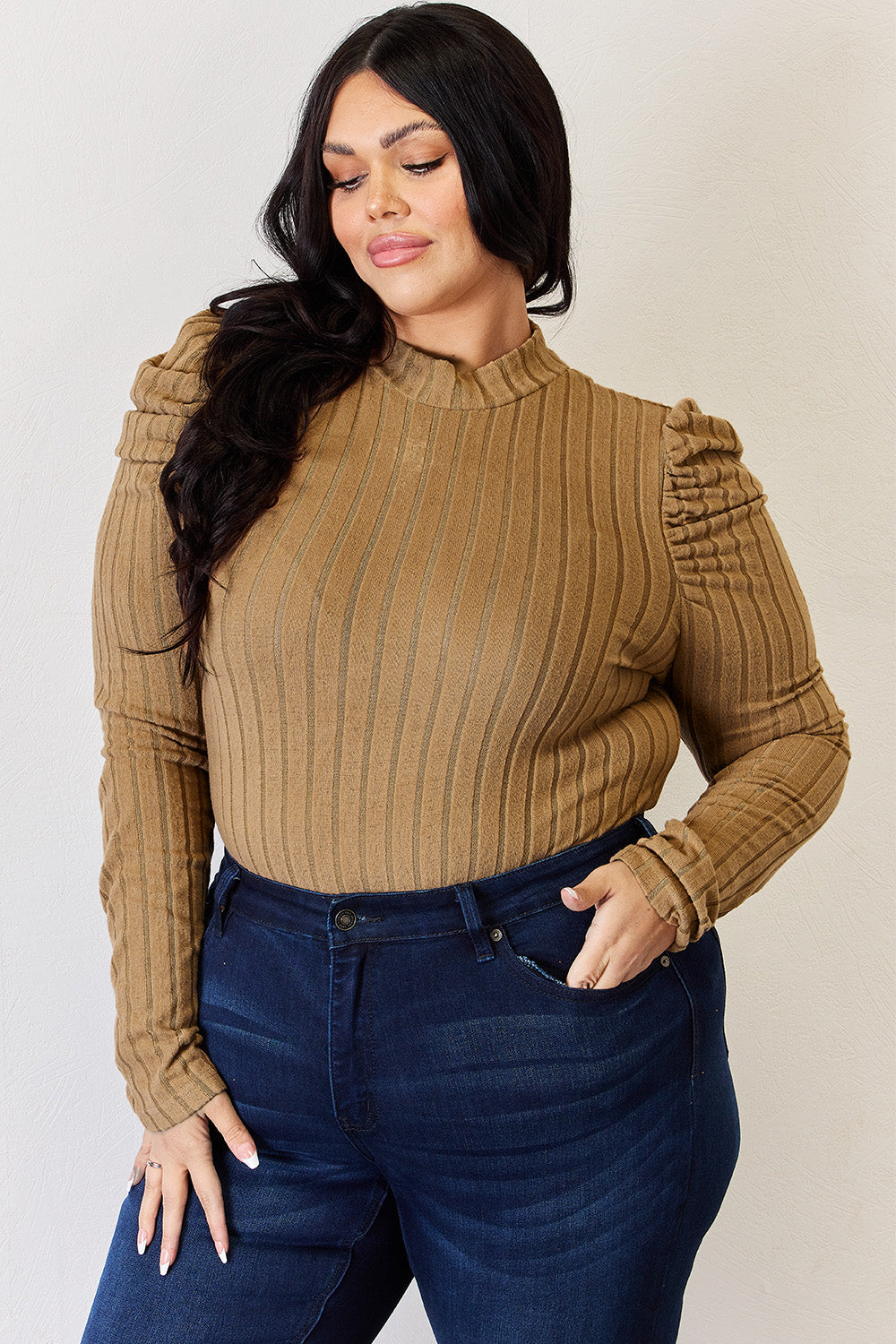 Ribbed Mock Neck Puff Sleeve Top