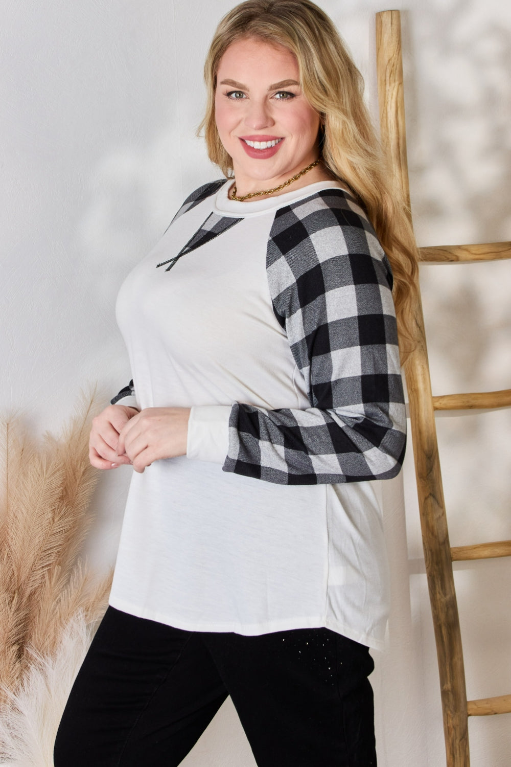 Plaid Raglan Sleeve Round Neck Blouse