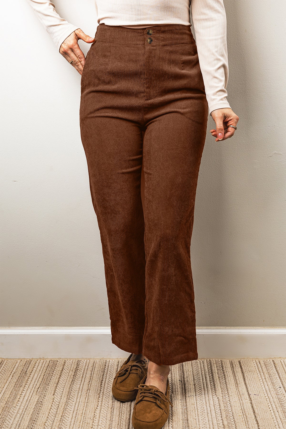 PRE-ORDER: Coffee Elastic Waist Straight Leg Ankle Length Corduroy Pants
