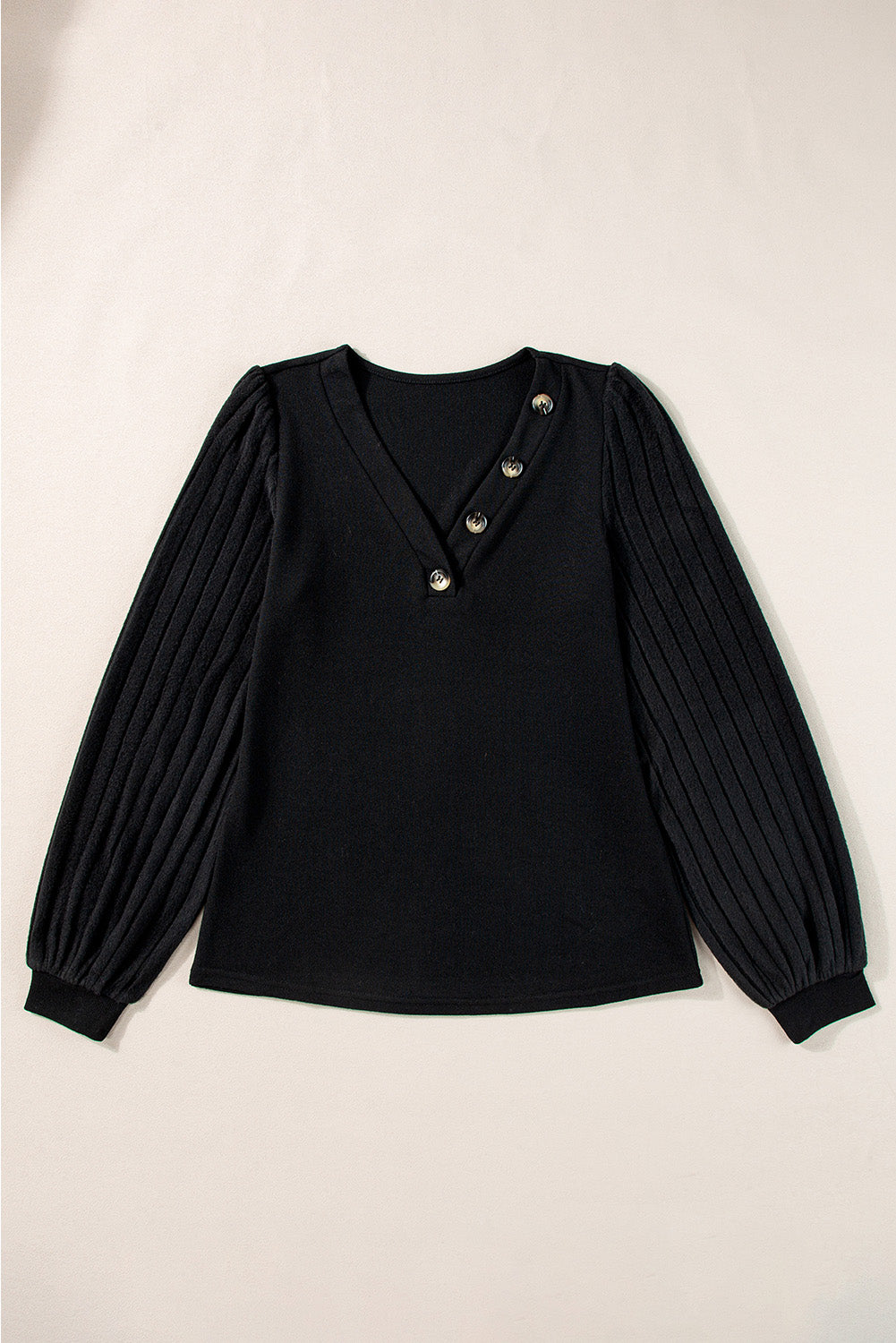 Buttoned V Neck Ribbed Puff Sleeve Top