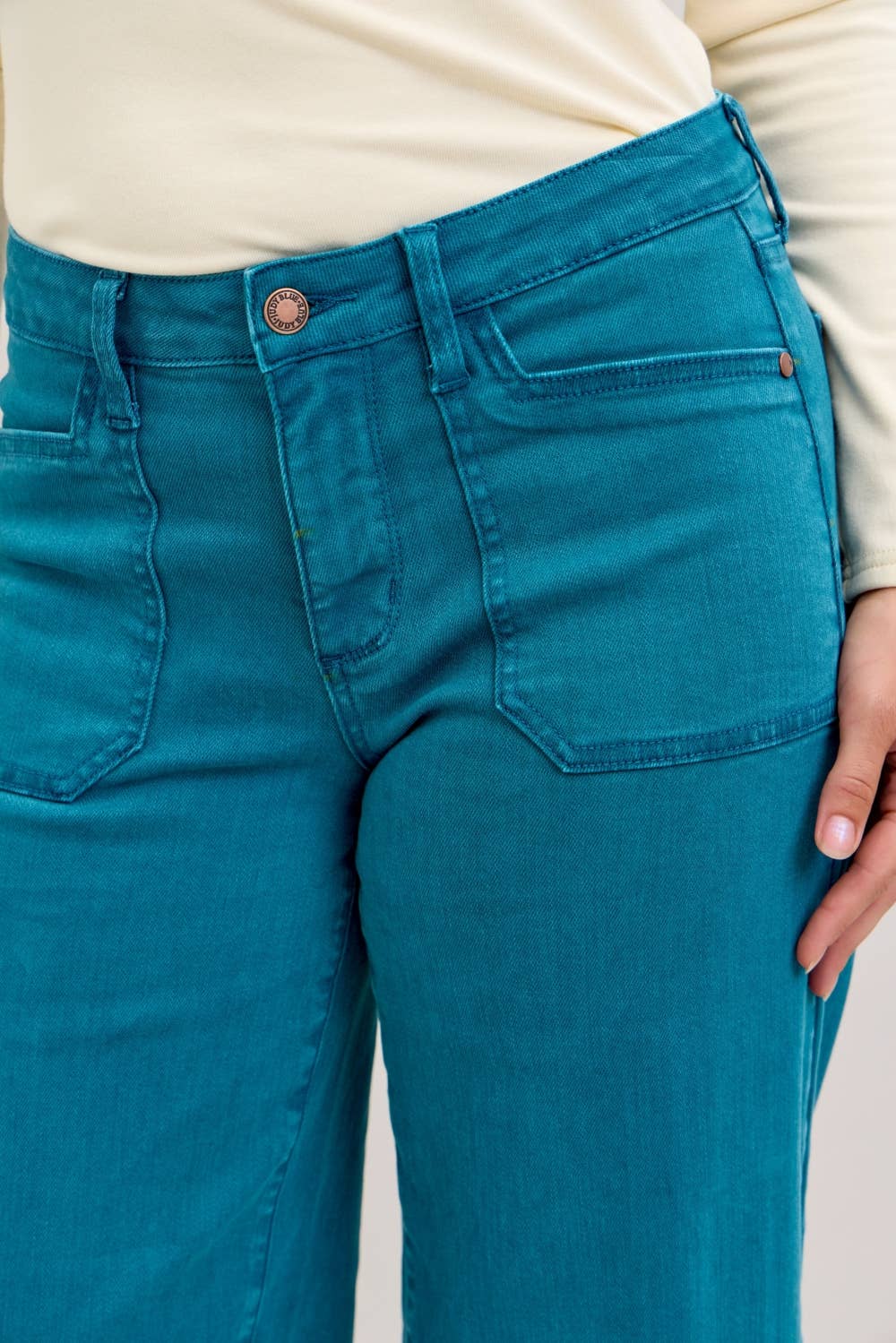 Judy Blue Teal Mid Rise Utility Wide Jeans