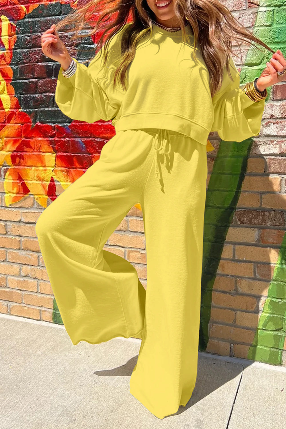 Drop Shoulder Crop Pullover Drawstring Wide Leg Pants Set